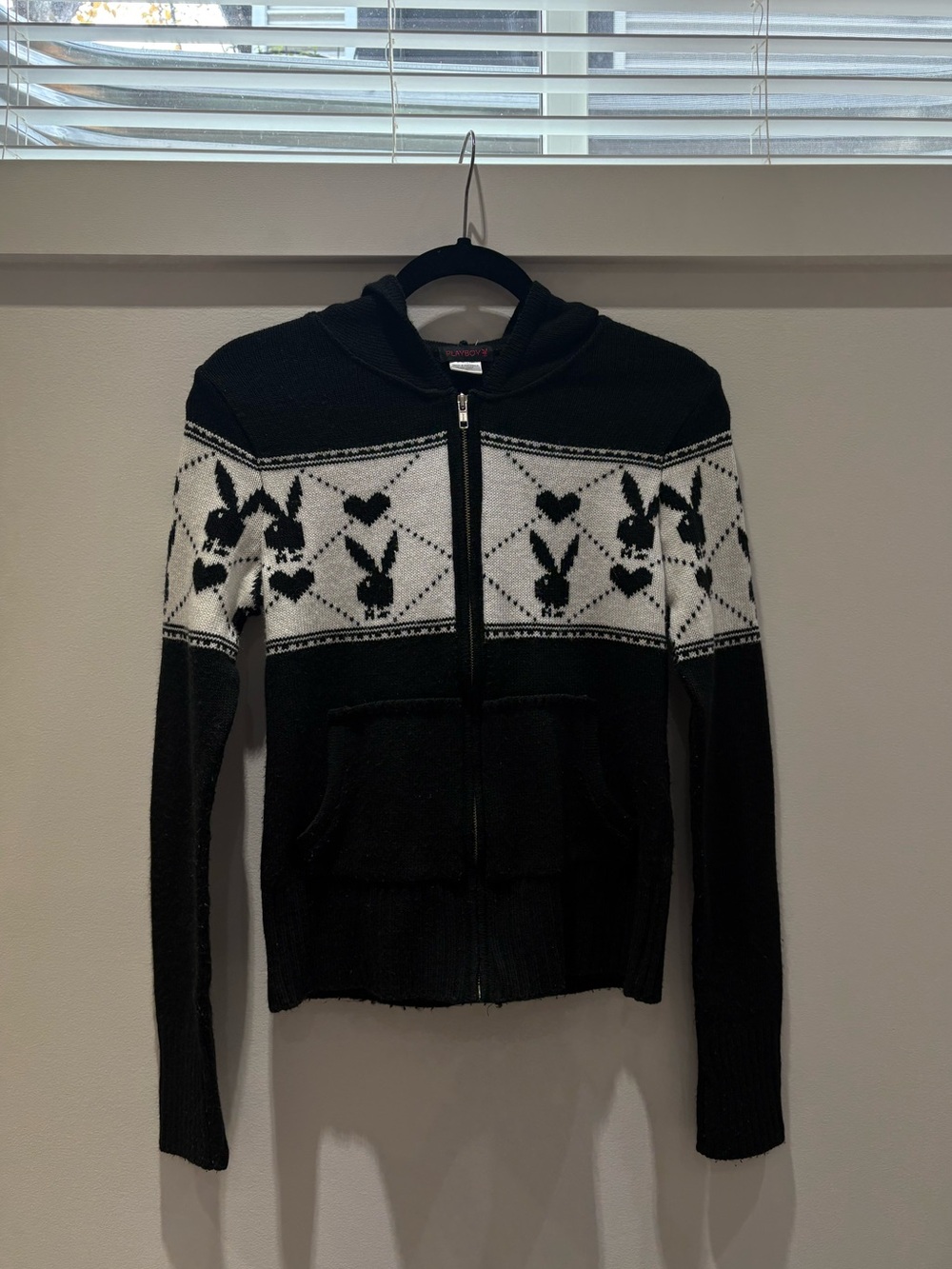 Vintage Playboy Knit Zip-Up Hoodie – Black & White Medium